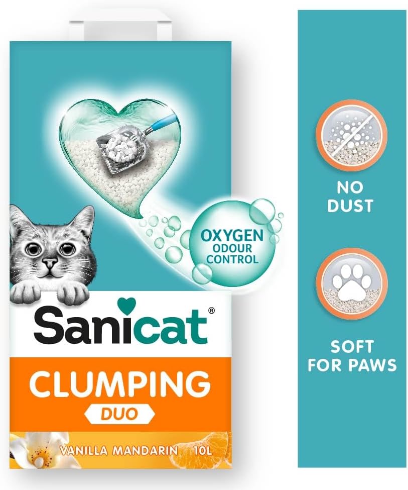 Sanicat - White Clumping Cat Litter - Vanilla and Mandarin Scent | Made from natural minerals with odor control | Absorbs moisture and forms clumps for easy cleaning | 10 L capacity