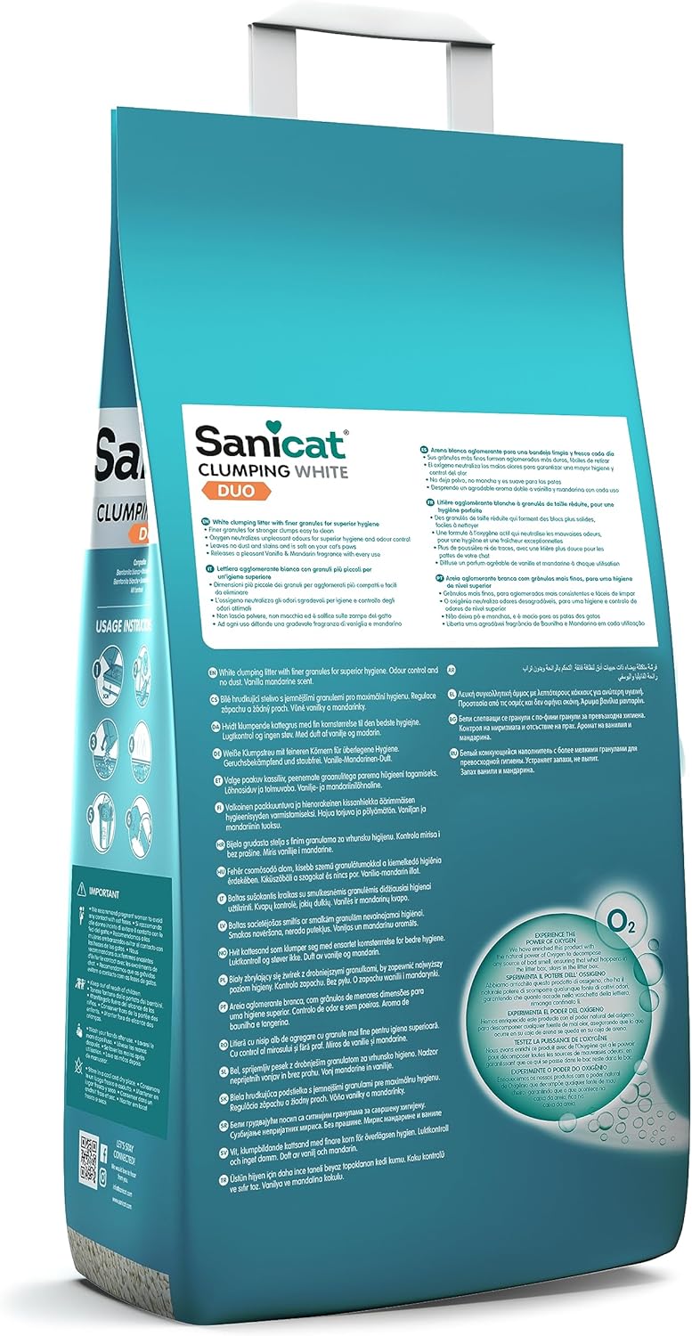 Sanicat - White Clumping Cat Litter - Vanilla and Mandarin Scent | Made from natural minerals with odor control | Absorbs moisture and forms clumps for easy cleaning | 10 L capacity