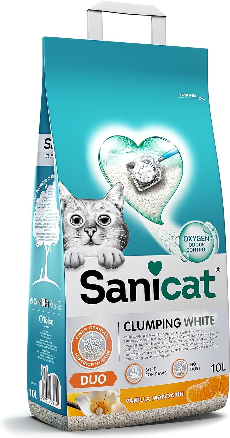 Sanicat - White Clumping Cat Litter - Vanilla and Mandarin Scent | Made from natural minerals with odor control | Absorbs moisture and forms clumps for easy cleaning | 10 L capacity