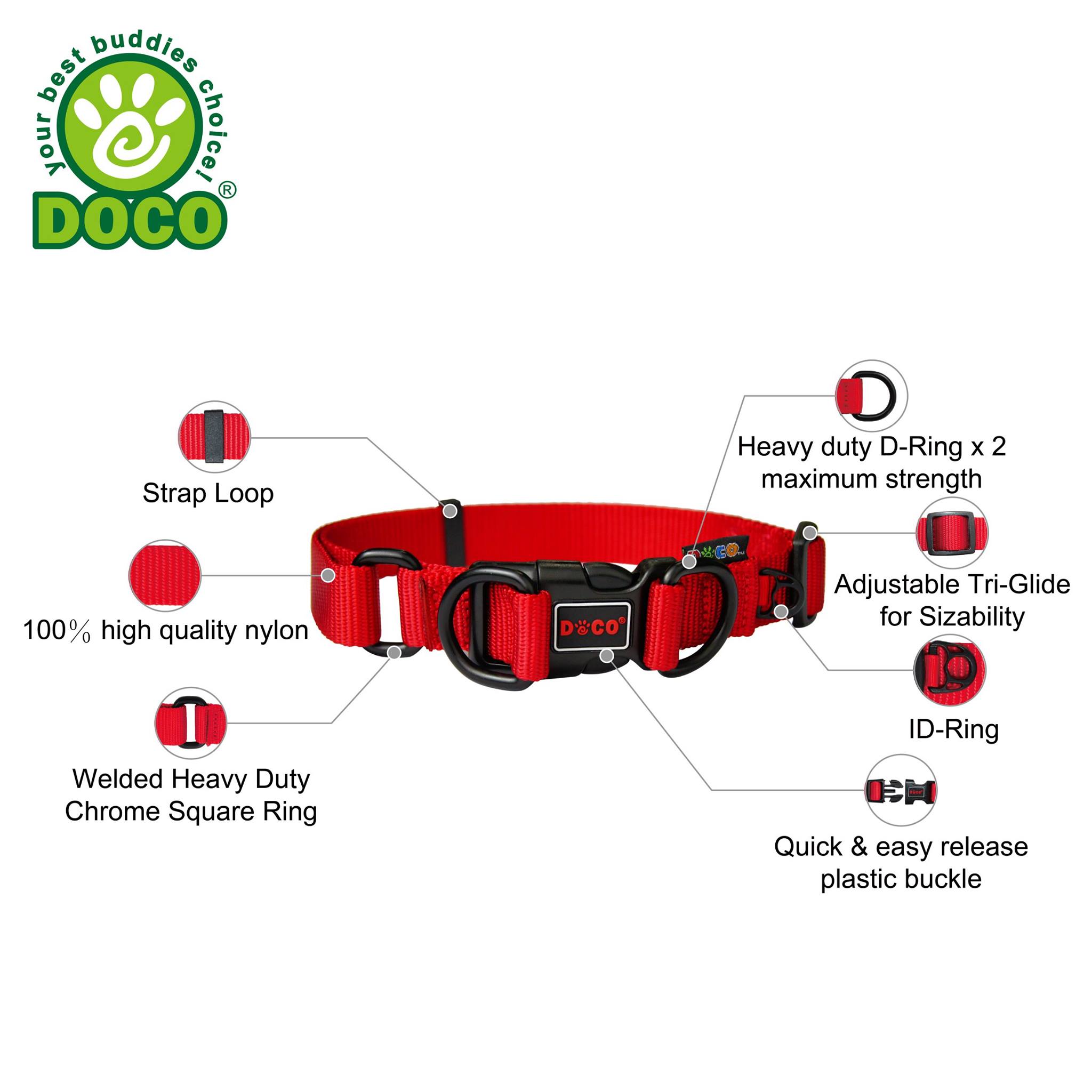 Doco Double D-Ring Nylon Collar XLarge (3.8 x 55-75cm)