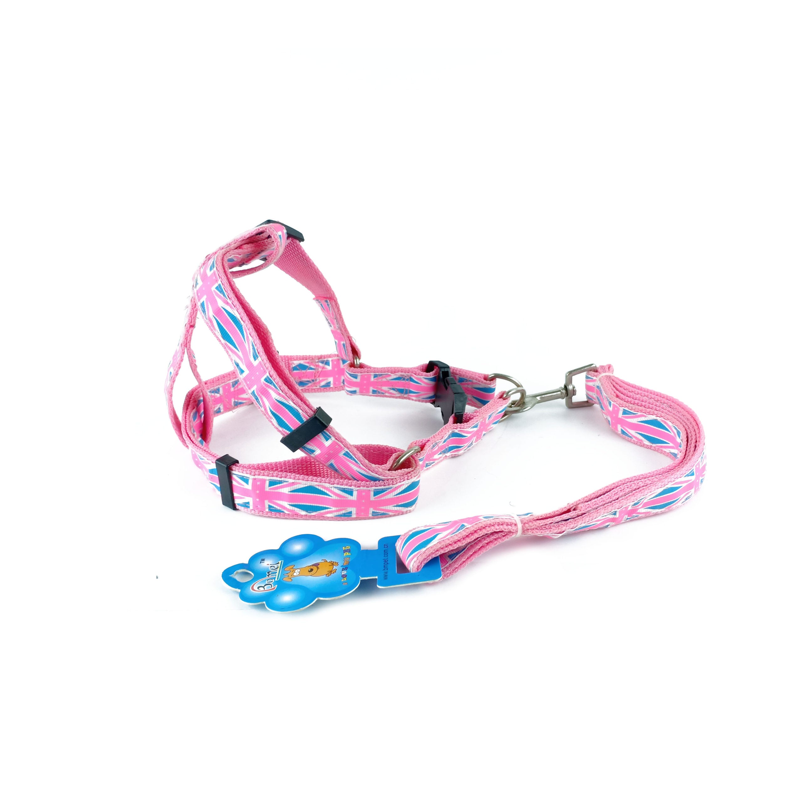 pink leash and harness patterned Bm 09 M (2.5 cm ? 120 cm ? 50-65 cm)