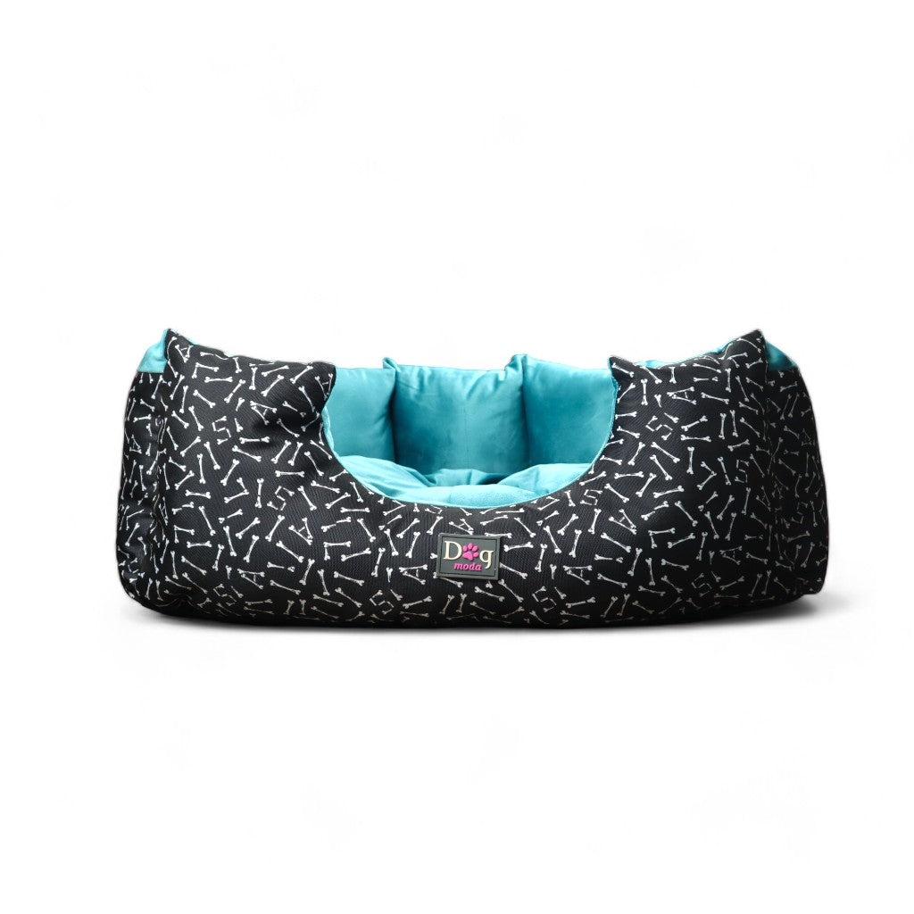 Petmoda Bone Pattern Medium Bed Black and Light Blue Plush for Dog