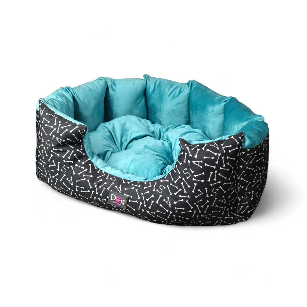 Petmoda Bone Pattern Medium Bed Black and Light Blue Plush for Dog