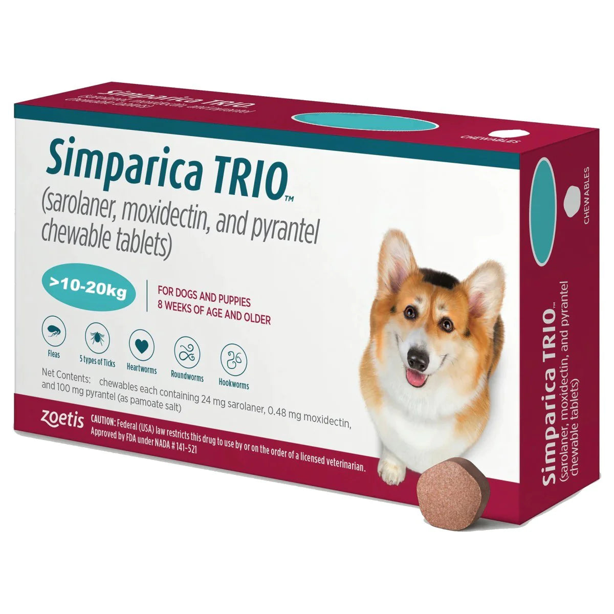 Simparica Trio Triple Protection Ticks Fleas Worms One Chewable tablet