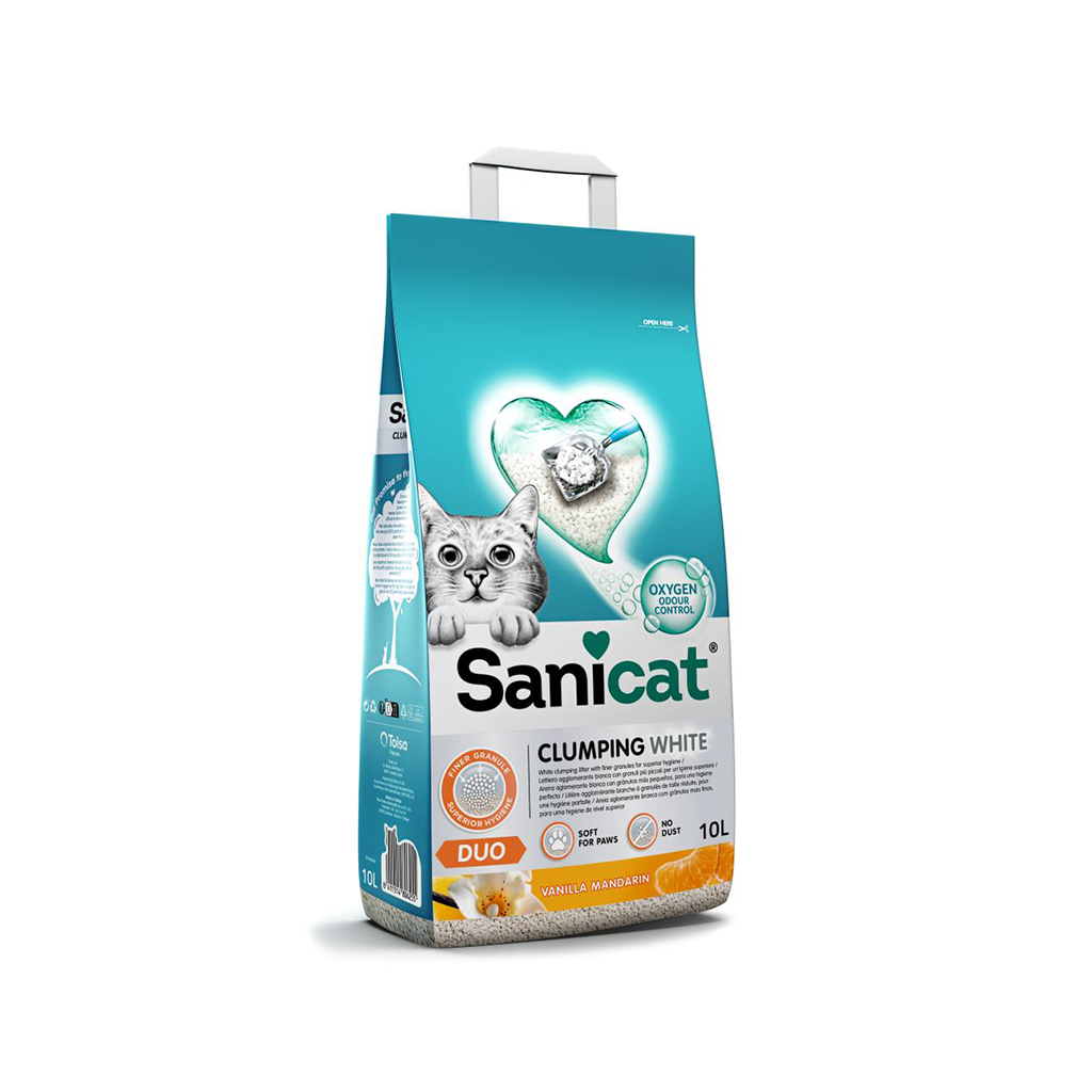 Sanicat - White Clumping Cat Litter - Vanilla and Mandarin Scent | Made from natural minerals with odor control | Absorbs moisture and forms clumps for easy cleaning | 10 L capacity